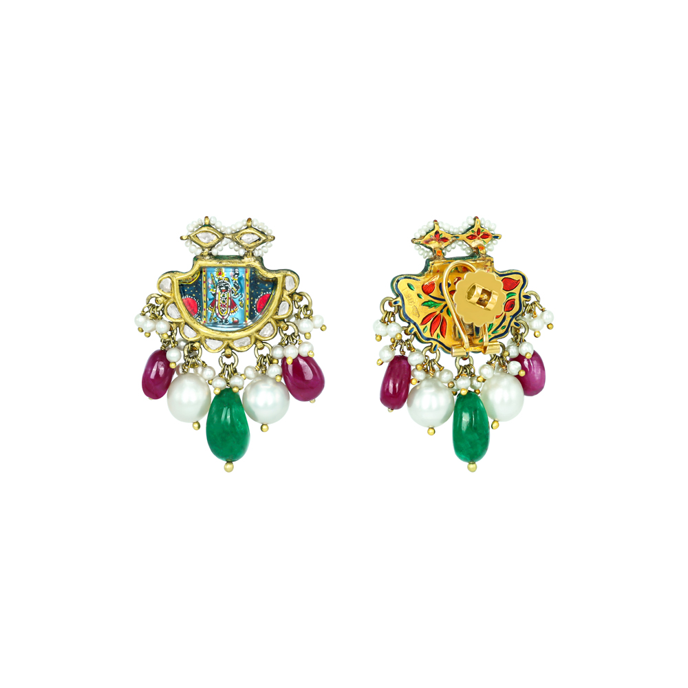 Shreenathji Pichwai Studs with Polkis, Rubies, and Pearls